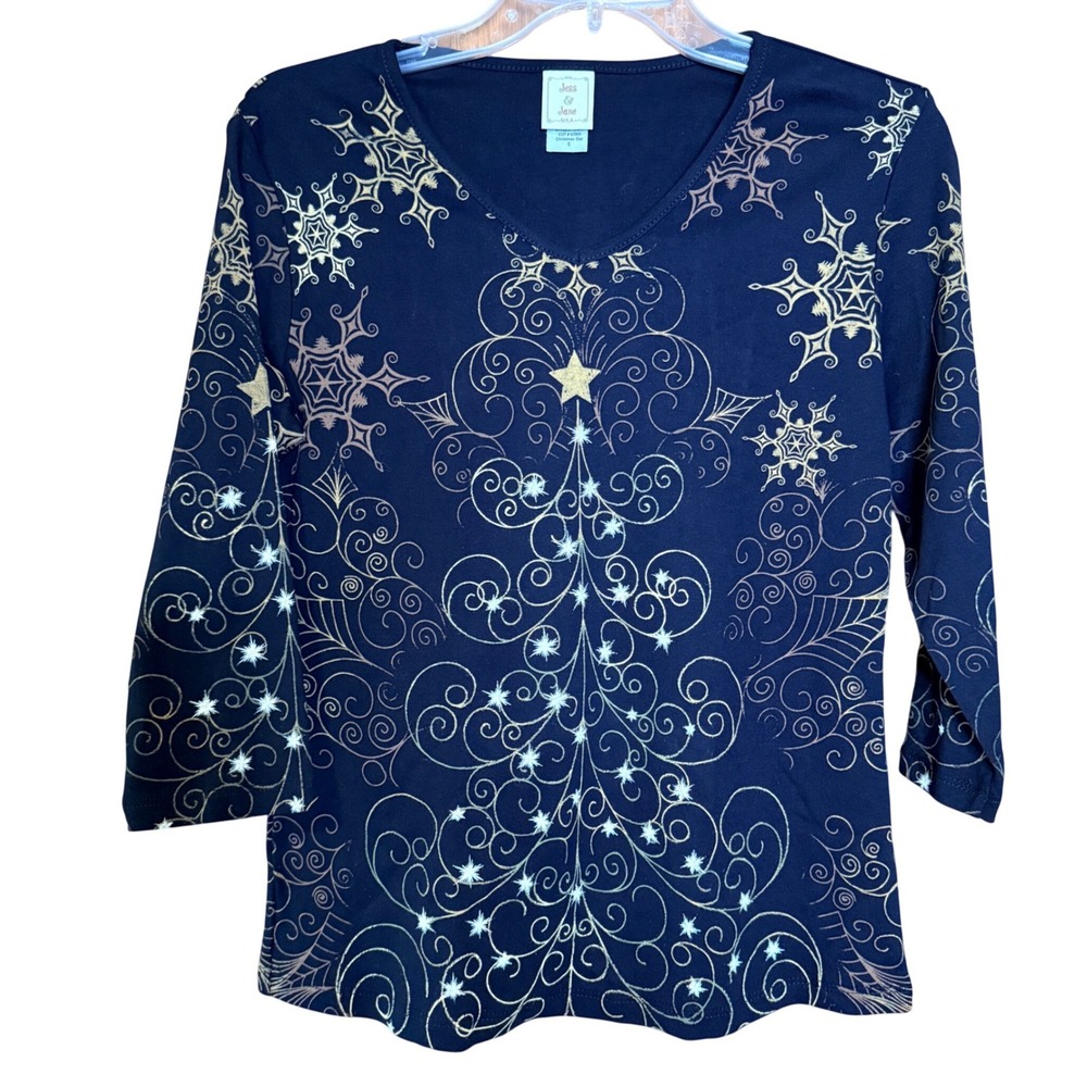 Jess & Jane Small Christmas Star Top Black NWT 3/4 Sleeve V-Neck Cotton